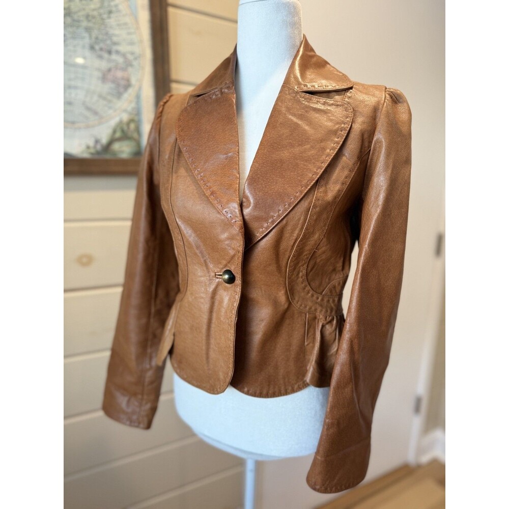 Women's Brown Leather Jacket Sz S Tailored Boho Feminine Peplum Romantic